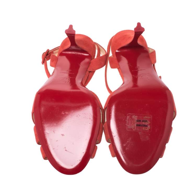 Pre Owned Christian Louboutin Tangerine Suede Trezuma Ankle Strap Sandals Size 37