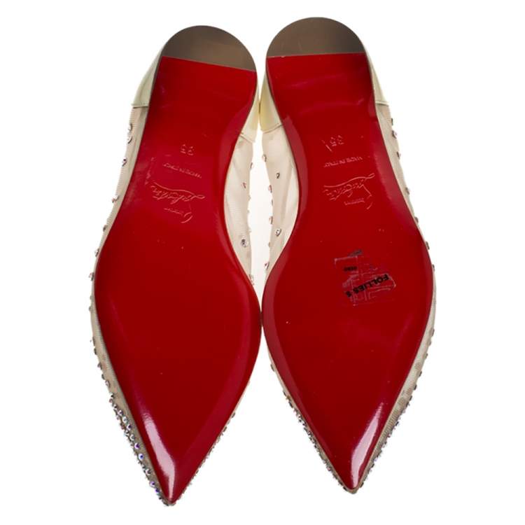 Pre Owned Christian Louboutin Pearl White Mesh and Patent Leather Follies Strass Ballet Flats Size 35