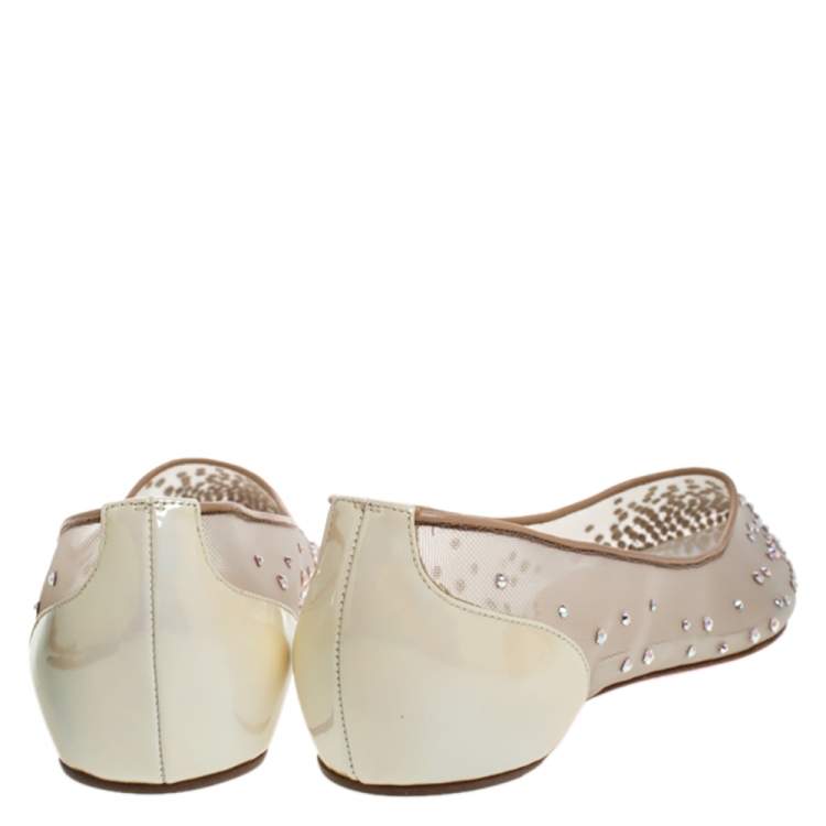 Pre Owned Christian Louboutin Pearl White Mesh and Patent Leather Follies Strass Ballet Flats Size 35