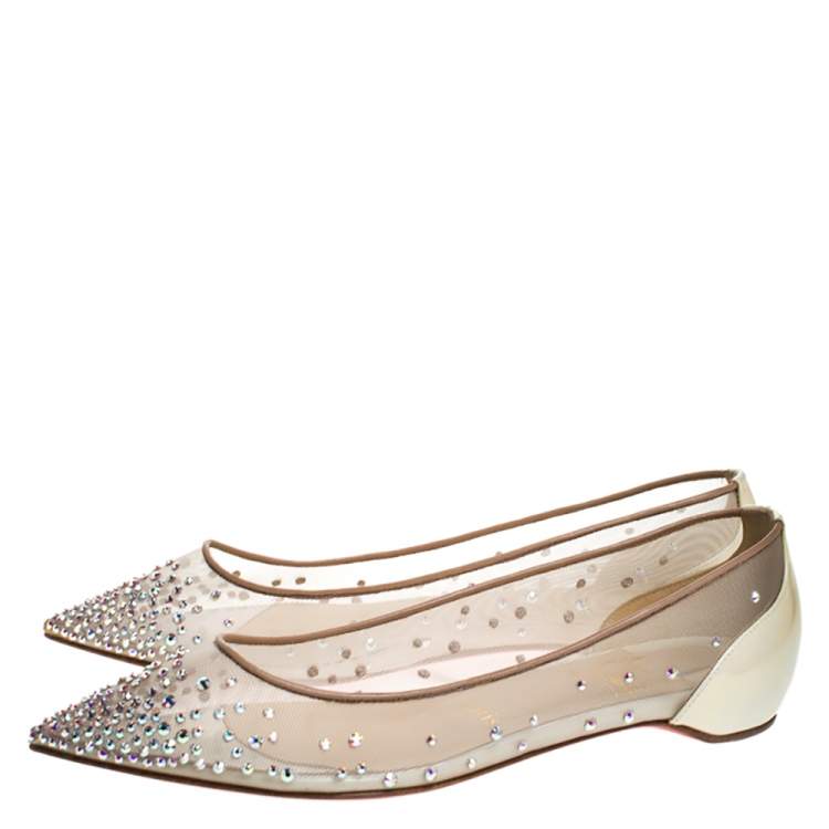 Pre Owned Christian Louboutin Pearl White Mesh and Patent Leather Follies Strass Ballet Flats Size 35