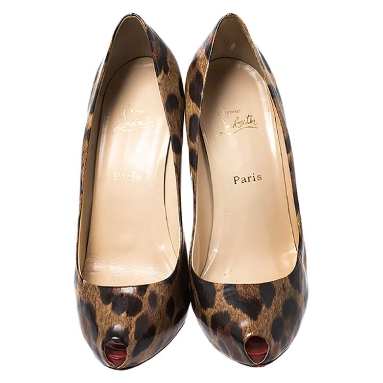 Pre Owned Christian Louboutin Multicolor Leopard Print Patent Leather Open Clic Peep Toe Platform Pumps Size 40.5