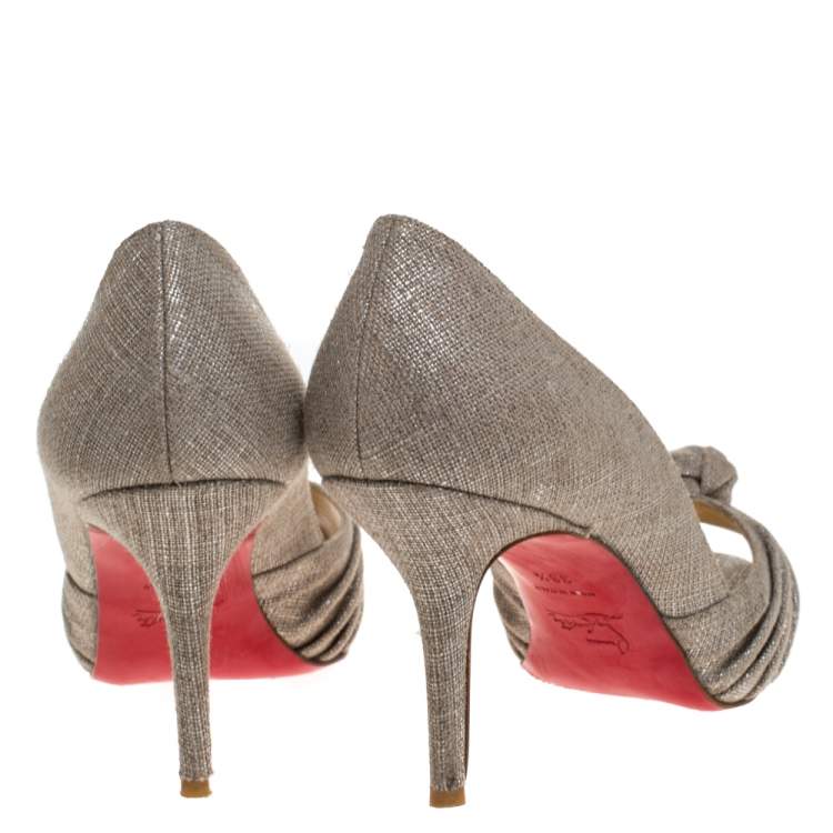 Pre Owned Christian Louboutin Grey/Silver Canvas Knotted Greissimo Platform Pumps Size 38.5