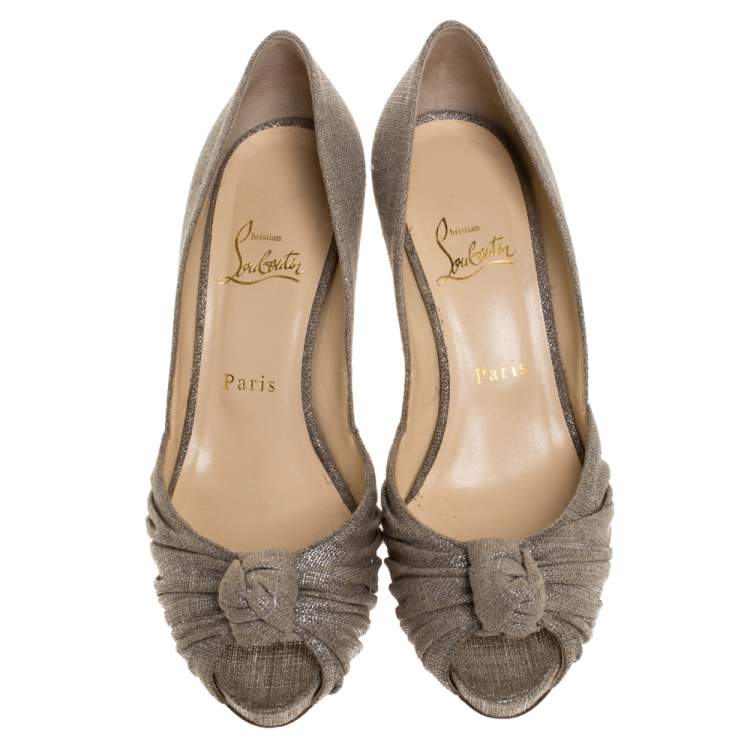Pre Owned Christian Louboutin Grey/Silver Canvas Knotted Greissimo Platform Pumps Size 38.5