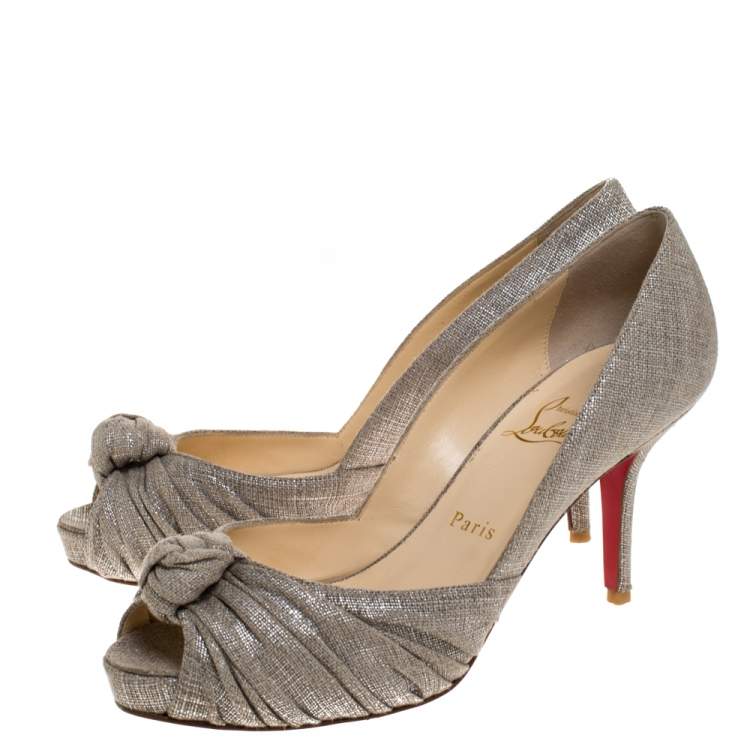 Pre Owned Christian Louboutin Grey/Silver Canvas Knotted Greissimo Platform Pumps Size 38.5