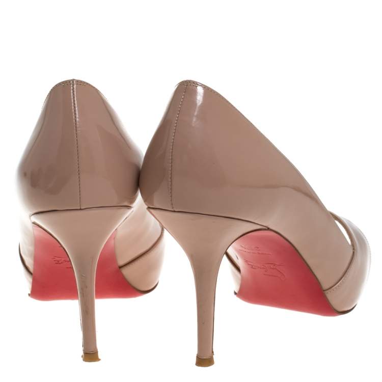 Pre Owned Christian Louboutin Beige Patent Leather Crossover Peep Toe Platform Pumps Size 38.5