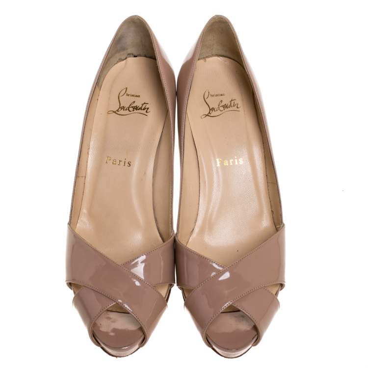 Pre Owned Christian Louboutin Beige Patent Leather Crossover Peep Toe Platform Pumps Size 38.5