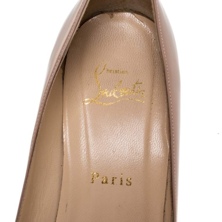 Pre Owned Christian Louboutin Beige Patent Leather Crossover Peep Toe Platform Pumps Size 38.5
