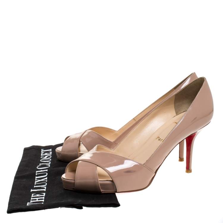 Pre Owned Christian Louboutin Beige Patent Leather Crossover Peep Toe Platform Pumps Size 38.5