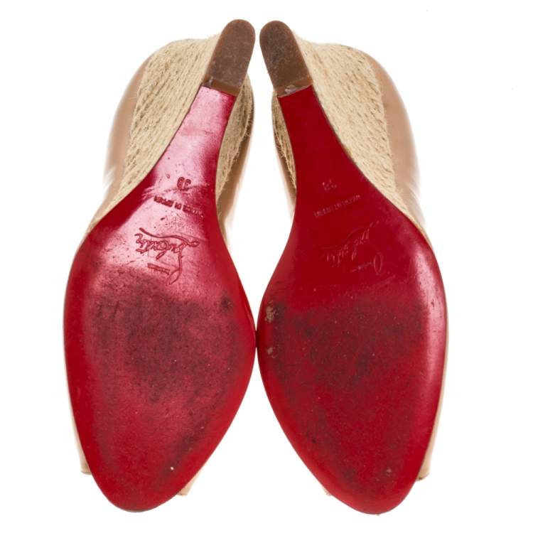 Pre Owned Christian Louboutin Beige Patent Leather Peep Toe Espadrille Pumps Size 38