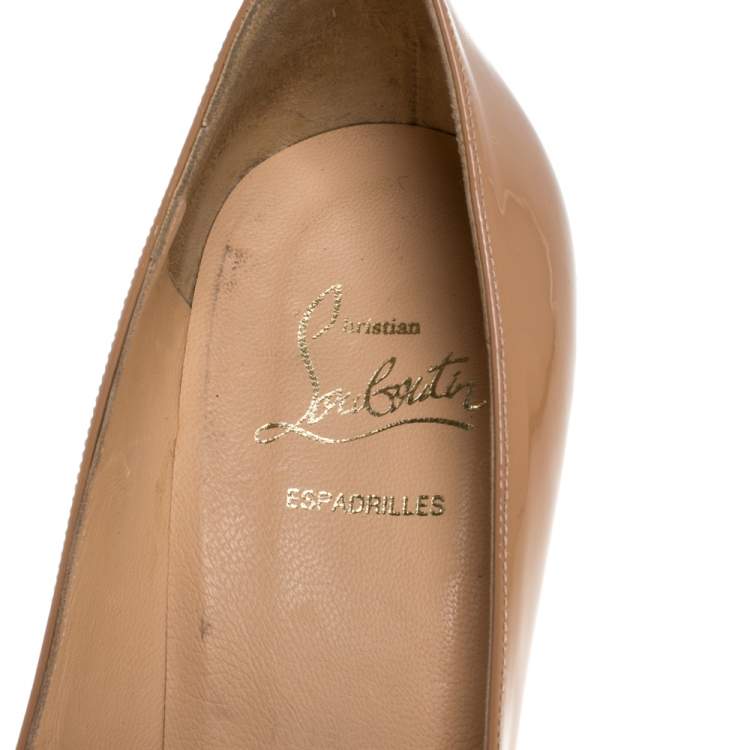 Pre Owned Christian Louboutin Beige Patent Leather Peep Toe Espadrille Pumps Size 38