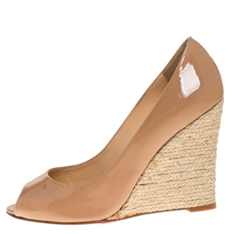 Pre Owned Christian Louboutin Beige Patent Leather Peep Toe Espadrille Pumps Size 38