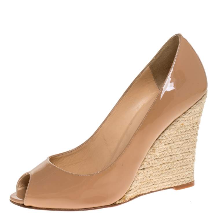 Pre Owned Christian Louboutin Beige Patent Leather Peep Toe Espadrille Pumps Size 38