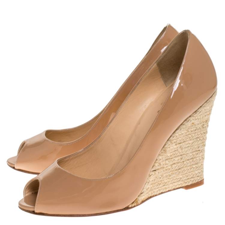 Pre Owned Christian Louboutin Beige Patent Leather Peep Toe Espadrille Pumps Size 38