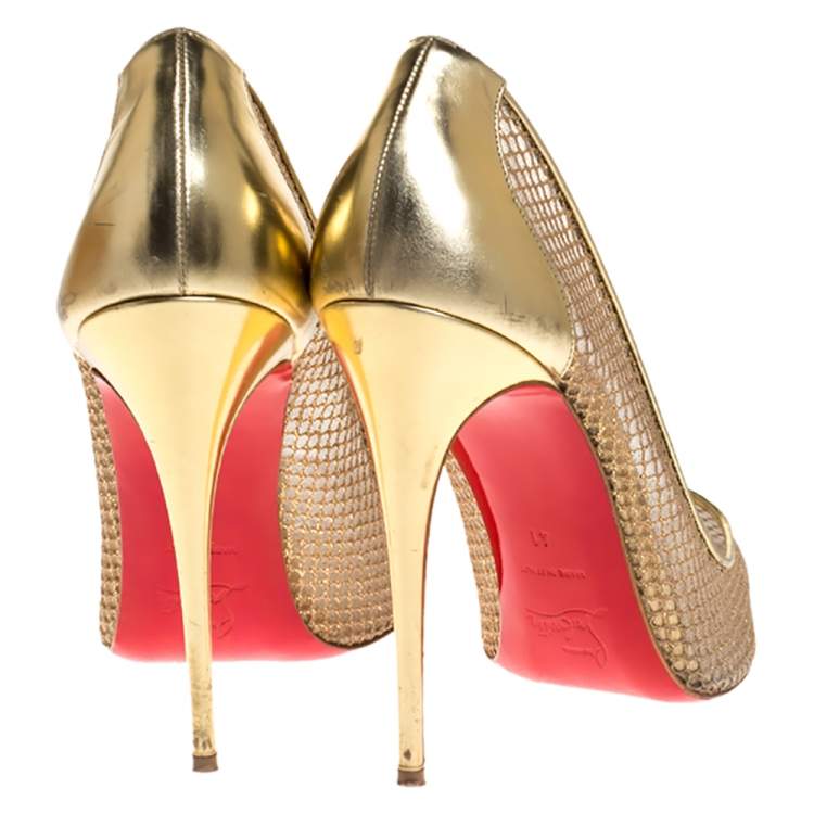 Pre Owned Christian Louboutin Gold Mesh And Leather Follies Resille Pointed Toe Pumps Size 41