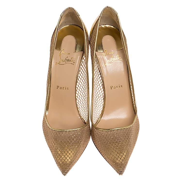 Pre Owned Christian Louboutin Gold Mesh And Leather Follies Resille Pointed Toe Pumps Size 41