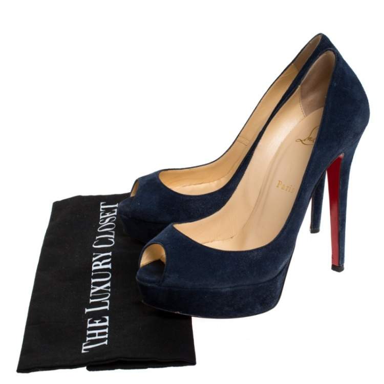 Pre Owned Christian Louboutin Blue Suede Lady Peep Toe Platform Pumps Size 37.5