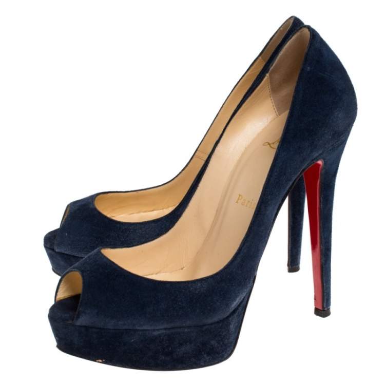 Pre Owned Christian Louboutin Blue Suede Lady Peep Toe Platform Pumps Size 37.5