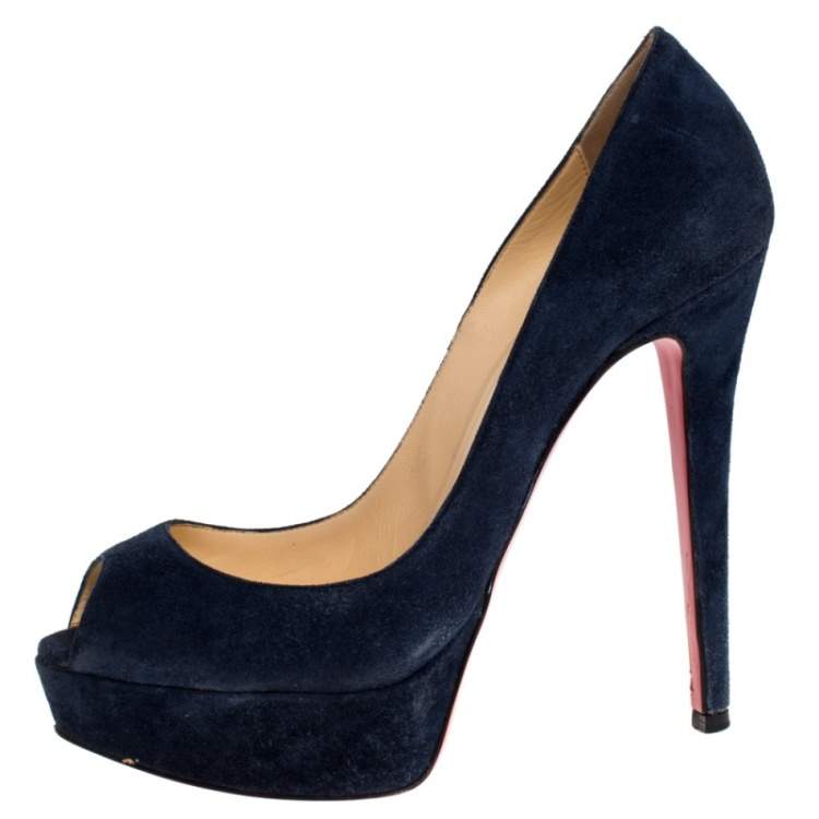 Pre Owned Christian Louboutin Blue Suede Lady Peep Toe Platform Pumps Size 37.5