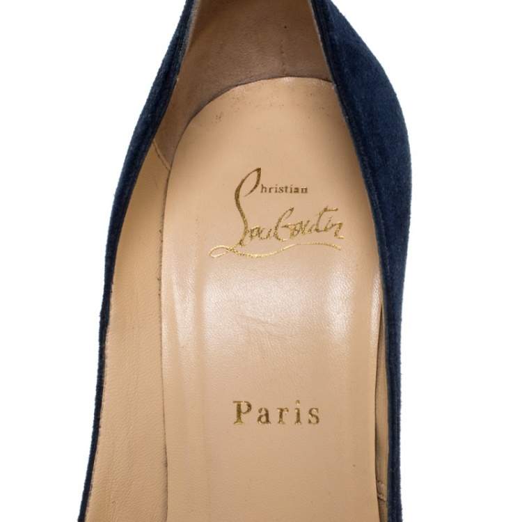 Pre Owned Christian Louboutin Blue Suede Lady Peep Toe Platform Pumps Size 37.5