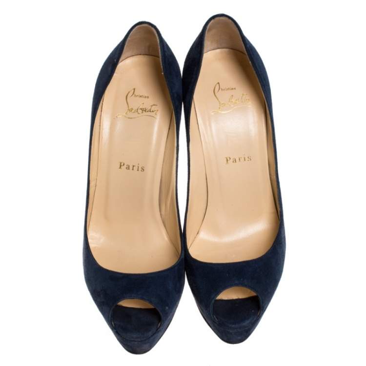 Pre Owned Christian Louboutin Blue Suede Lady Peep Toe Platform Pumps Size 37.5
