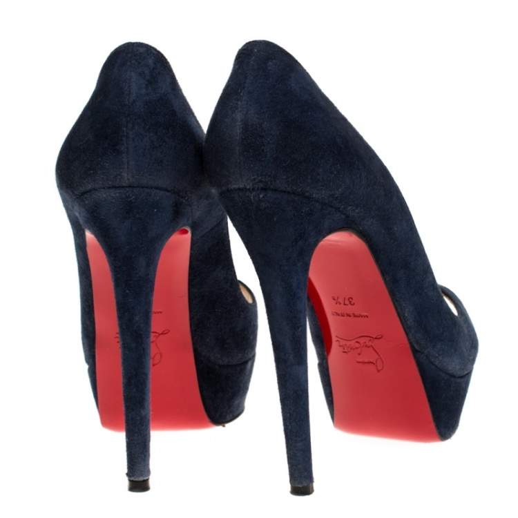 Pre Owned Christian Louboutin Blue Suede Lady Peep Toe Platform Pumps Size 37.5