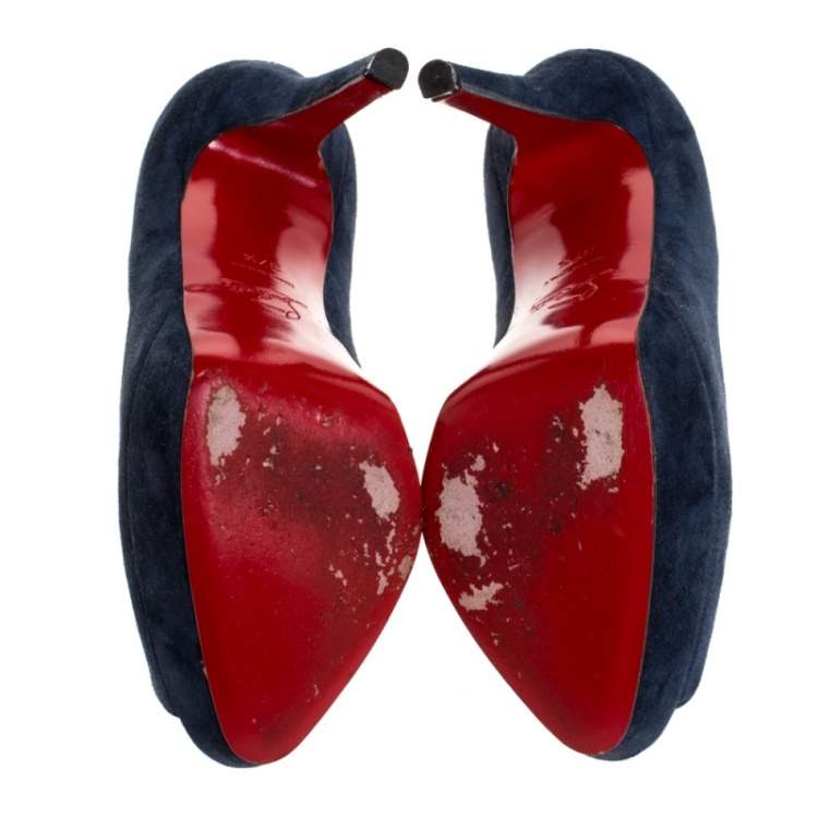 Pre Owned Christian Louboutin Blue Suede Lady Peep Toe Platform Pumps Size 37.5