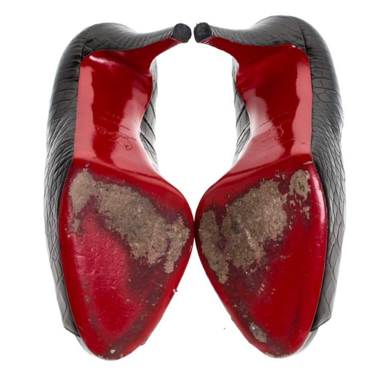 Pre Owned Christian Louboutin Black Croc Embossed Leather Lady Peep Toe Platform Pumps Size 37.5