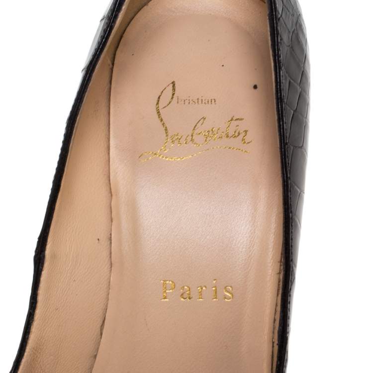 Pre Owned Christian Louboutin Black Croc Embossed Leather Lady Peep Toe Platform Pumps Size 37.5