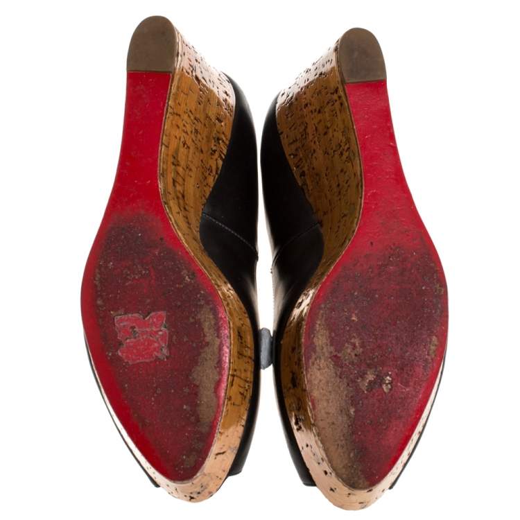 Pre Owned Christian Louboutin Black Leather Coroclic Cork Wedge Peep Toe Platform Pumps Size 39