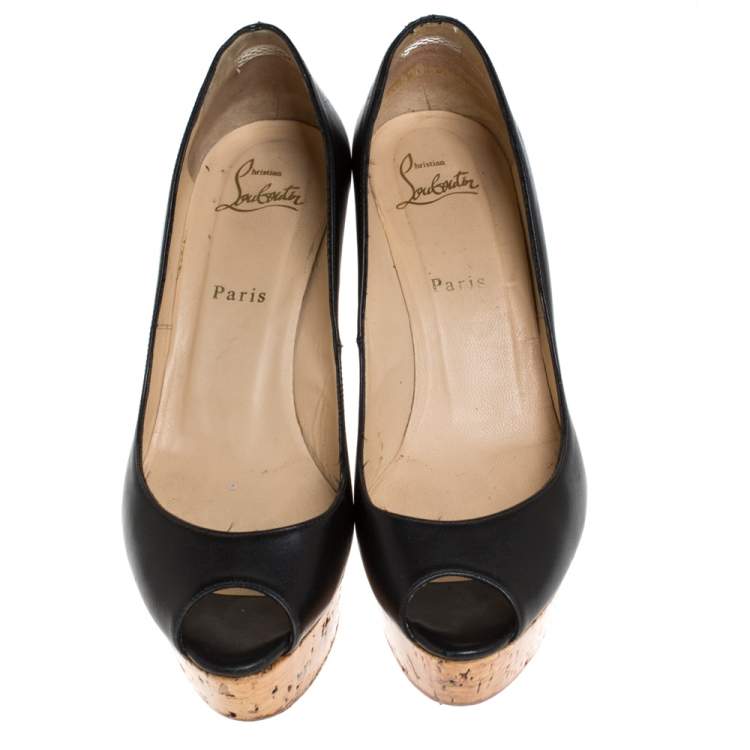Pre Owned Christian Louboutin Black Leather Coroclic Cork Wedge Peep Toe Platform Pumps Size 39