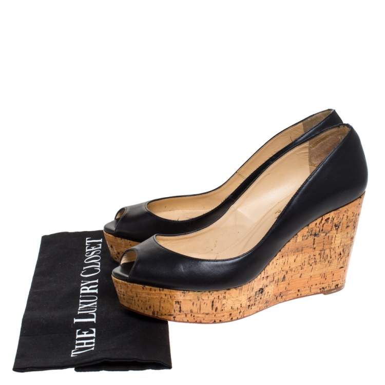 Pre Owned Christian Louboutin Black Leather Coroclic Cork Wedge Peep Toe Platform Pumps Size 39