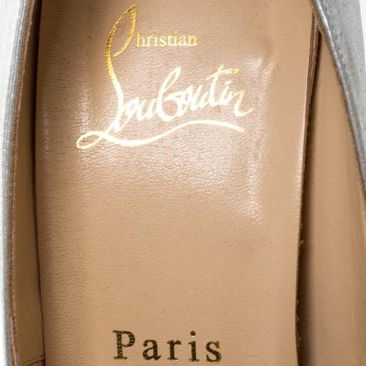 Pre Owned Christian Louboutin Silver Leather Criss Cross Strap Peep Toe Platform Pumps Size 38