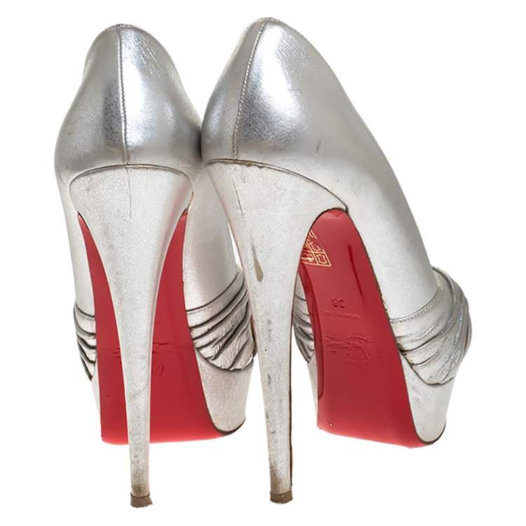 Pre Owned Christian Louboutin Silver Leather Criss Cross Strap Peep Toe Platform Pumps Size 38