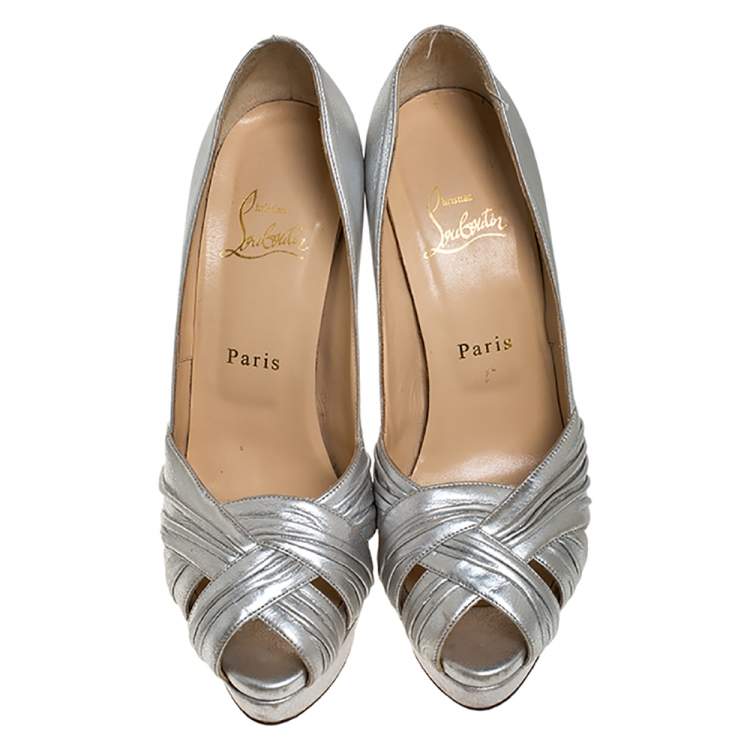 Pre Owned Christian Louboutin Silver Leather Criss Cross Strap Peep Toe Platform Pumps Size 38