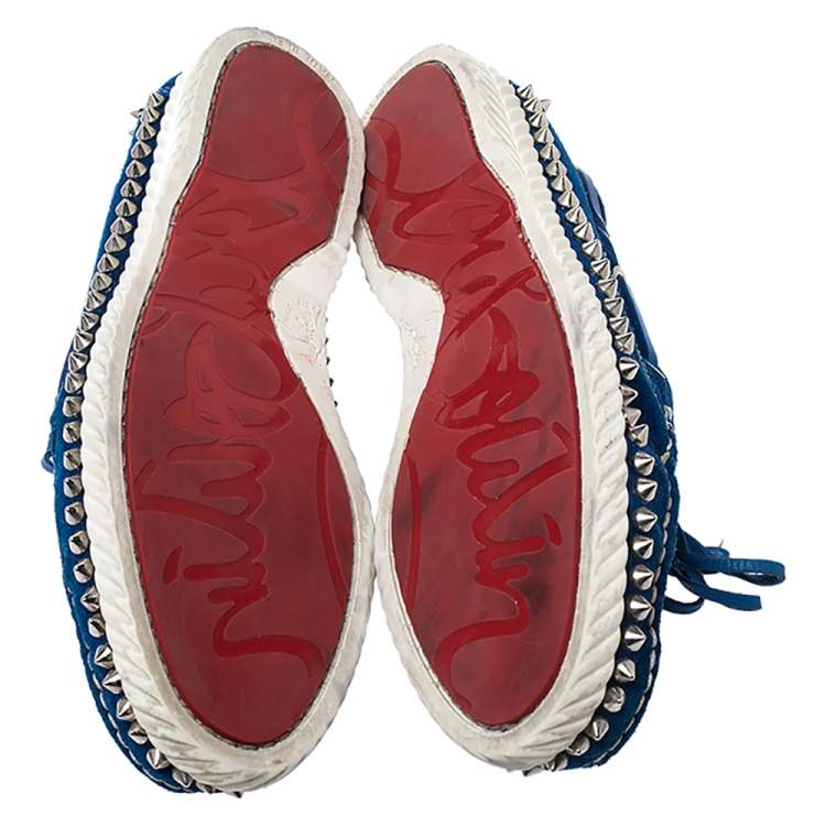 Pre Owned Christian Louboutin Blue Suede Steckel Spike Boat Loafers Size 37.5