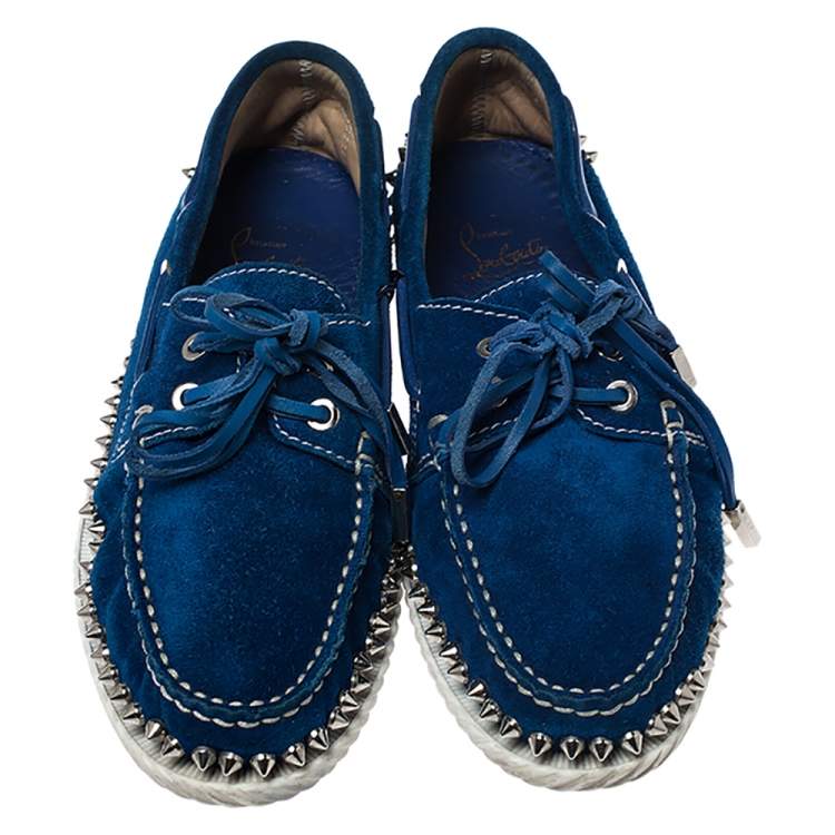 Pre Owned Christian Louboutin Blue Suede Steckel Spike Boat Loafers Size 37.5