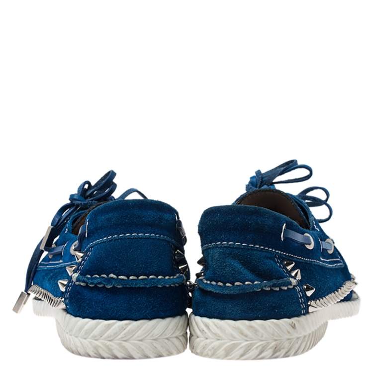 Pre Owned Christian Louboutin Blue Suede Steckel Spike Boat Loafers Size 37.5
