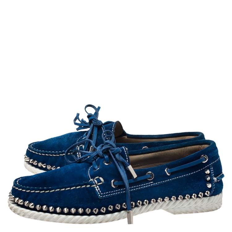 Pre Owned Christian Louboutin Blue Suede Steckel Spike Boat Loafers Size 37.5