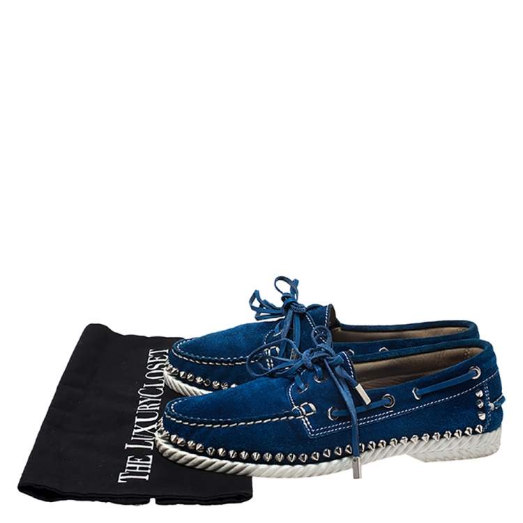 Pre Owned Christian Louboutin Blue Suede Steckel Spike Boat Loafers Size 37.5