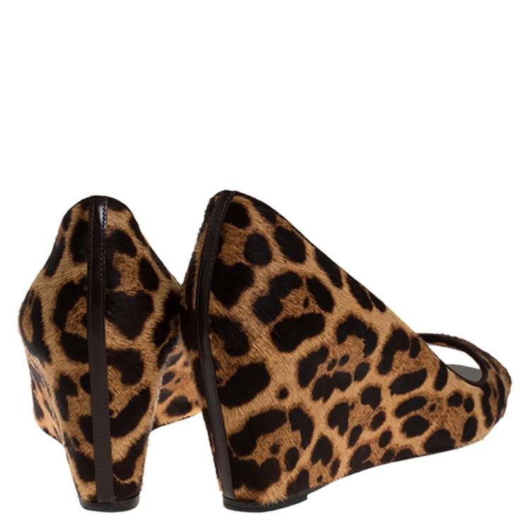 Pre Owned Christian Louboutin Leopard Print Pony Hair Peep Toe Wedges Size 38.5