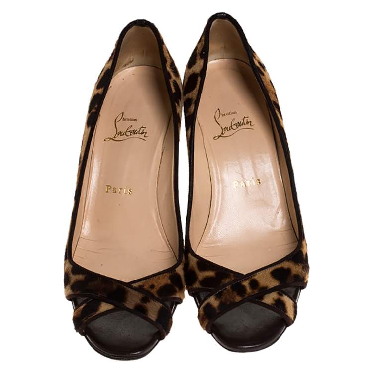 Pre Owned Christian Louboutin Leopard Print Pony Hair Peep Toe Wedges Size 38.5