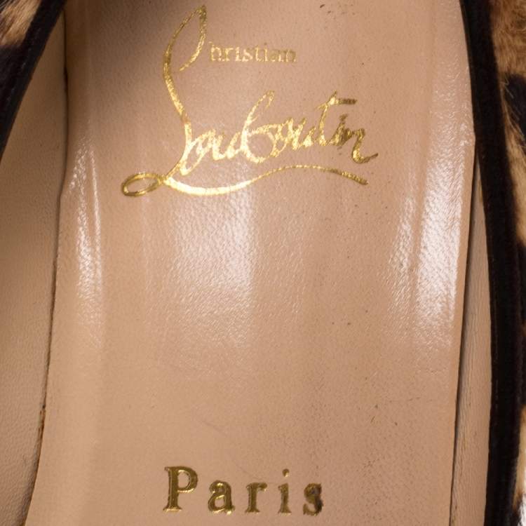 Pre Owned Christian Louboutin Leopard Print Pony Hair Peep Toe Wedges Size 38.5