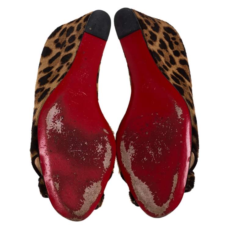 Pre Owned Christian Louboutin Leopard Print Pony Hair Peep Toe Wedges Size 38.5