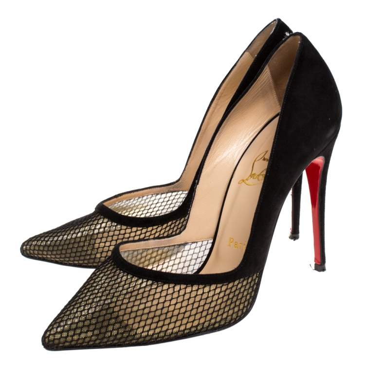 Pre Owned  Christian Louboutin Black Suede And Mesh Pointed Toe Pumps Size 37