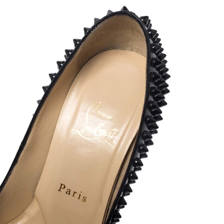 Pre Owned Christian Louboutin Black Patent Leather Lady Peep Toe Spike Platform Pumps Size 37.5