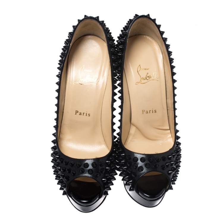Pre Owned Christian Louboutin Black Patent Leather Lady Peep Toe Spike Platform Pumps Size 37.5