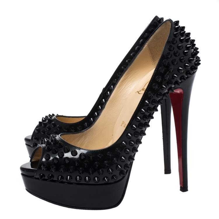 Pre Owned Christian Louboutin Black Patent Leather Lady Peep Toe Spike Platform Pumps Size 37.5