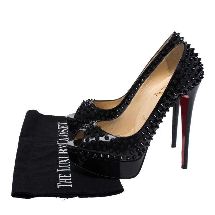 Pre Owned Christian Louboutin Black Patent Leather Lady Peep Toe Spike Platform Pumps Size 37.5