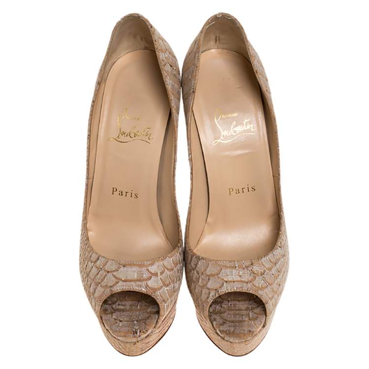 Pre Owned Christian Louboutin Beige Python Embossed Cork Lady Peep Toe Platform Pumps Size 36.5