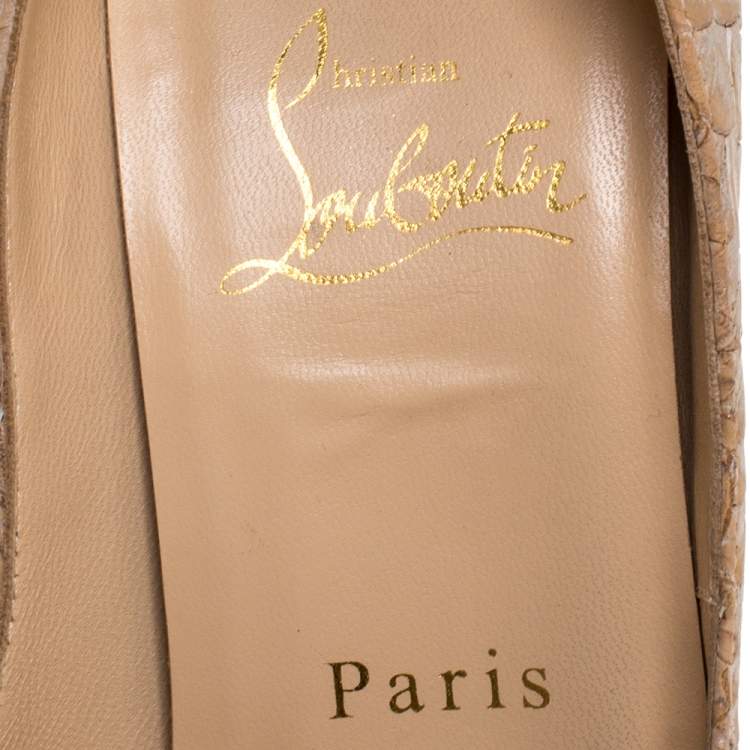 Pre Owned Christian Louboutin Beige Python Embossed Cork Lady Peep Toe Platform Pumps Size 36.5